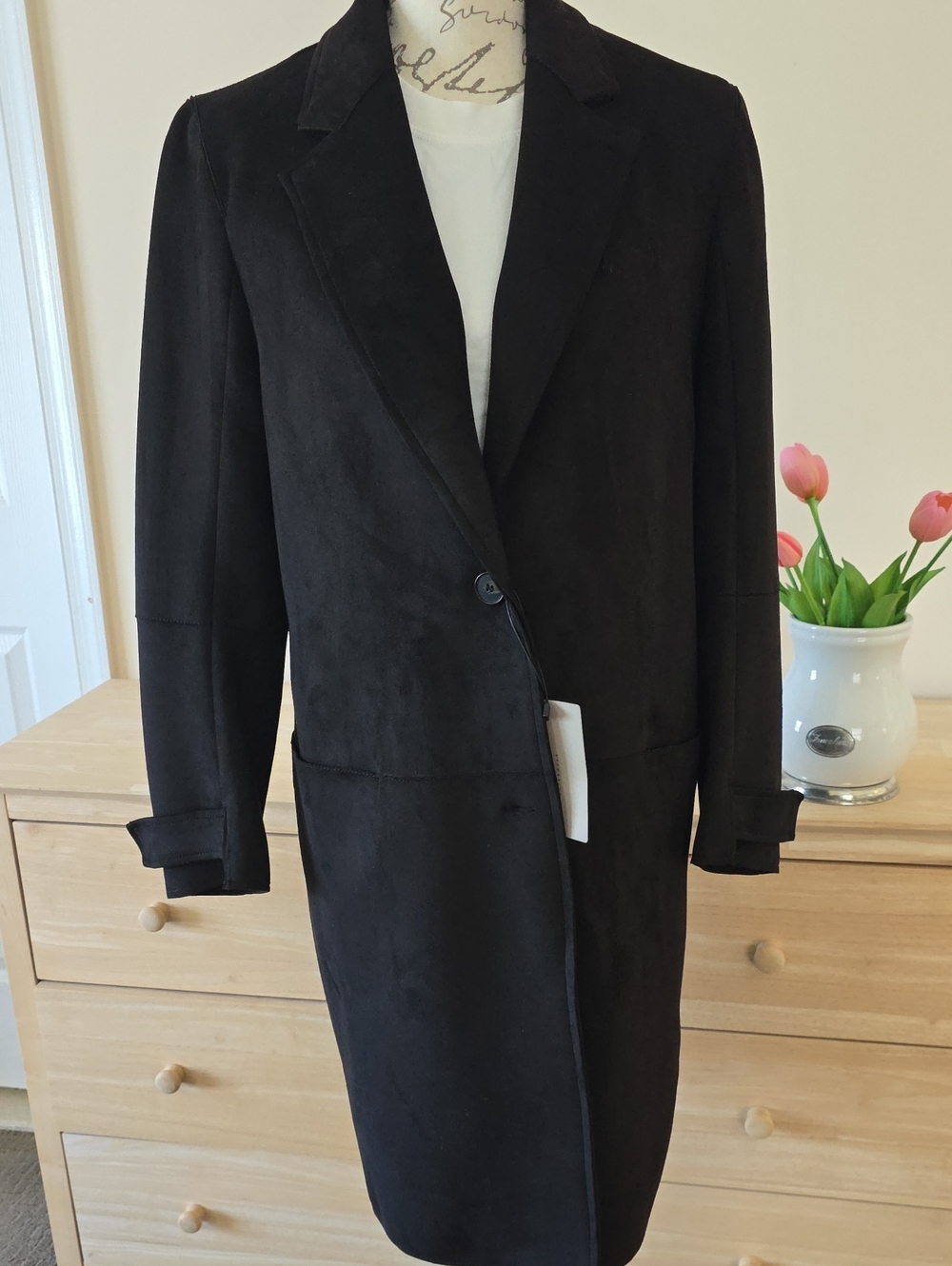 Zara Ultra Soft Suede- Fell Black Long Trench Coat with Notch Lapel
